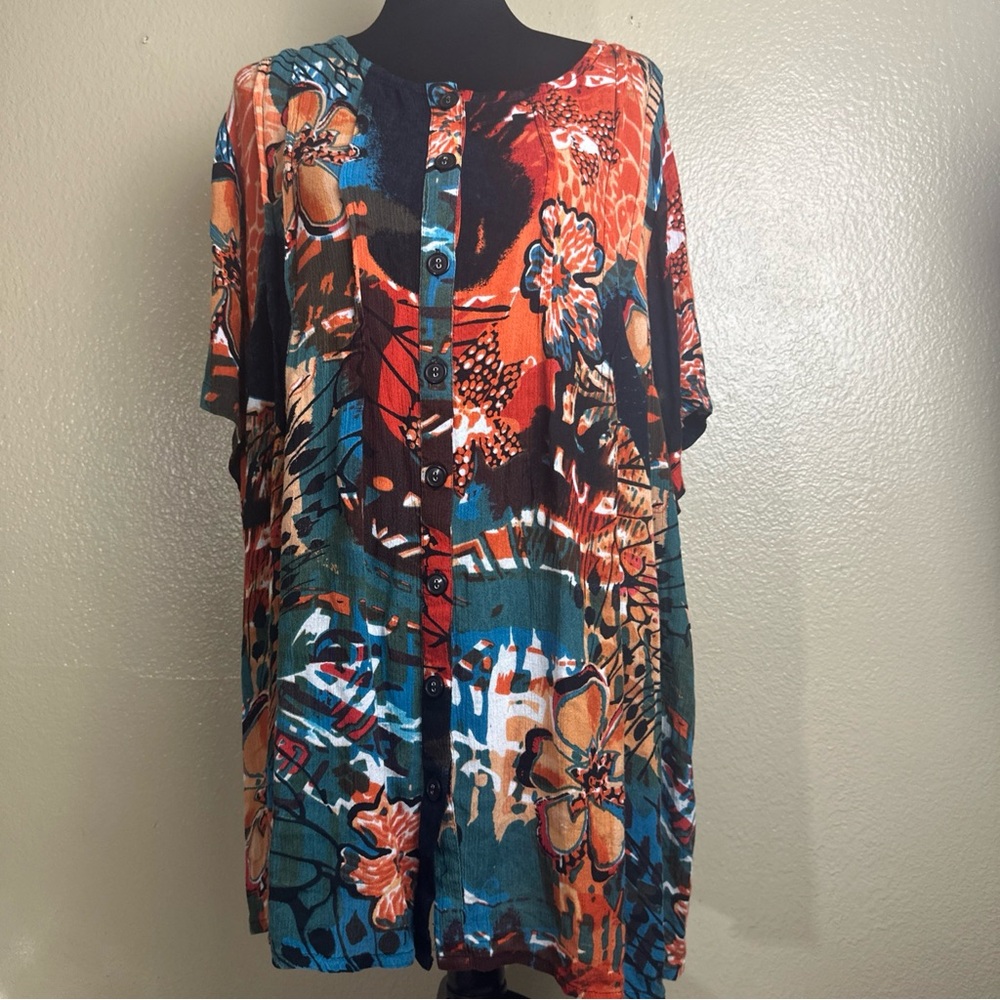 Roaman's 18w Blouse Pintuck floral Boho Tropical‎ Bright Popover Fall Festive